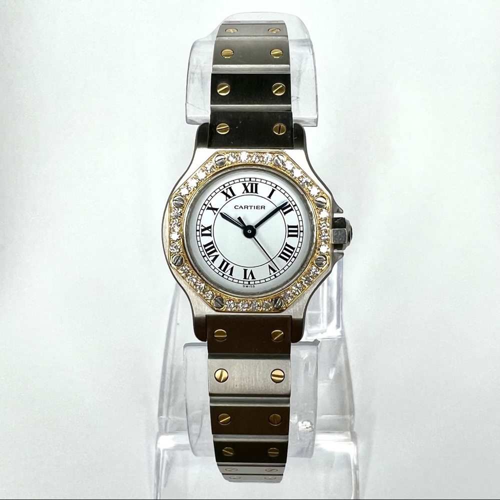 CARTIER SANTOS OCTAGON 25mm Automatic 2 Tone 0.40TCW DIAMOND Watch White Dial